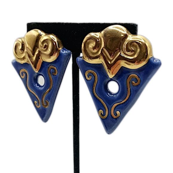 Geometric Abstract Earrings Clip On Terracotta Clay Handpainted Large Blue Gold - Picture 7 of 16